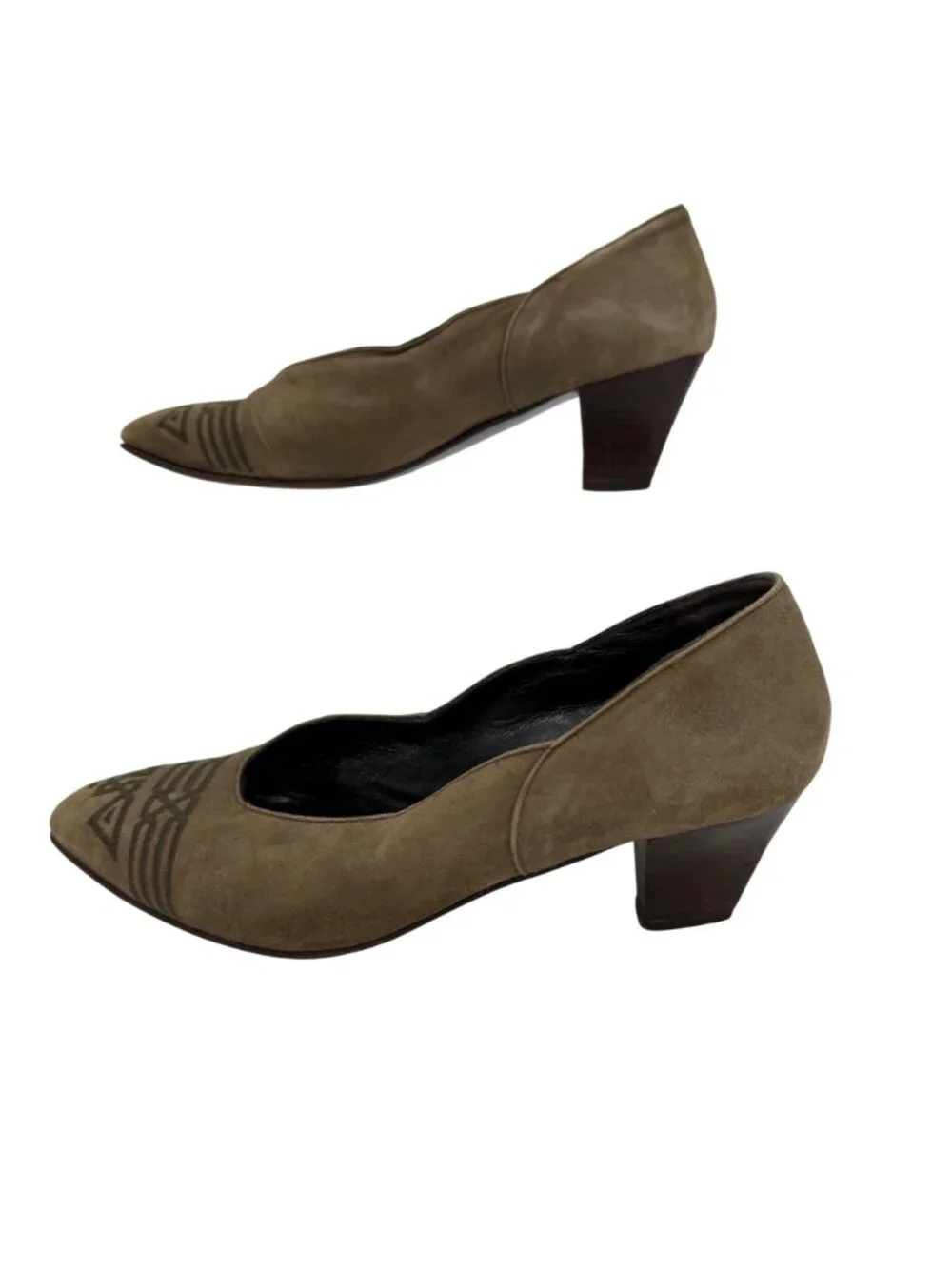 VTG VIOLA ITALIAN OLIVE GREEN SUEDE TRIBAL EMBROIDERED HEELS  - 38 (FITS LK 7)